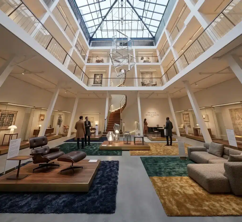 Visiteurs découvrant une exposition de design dans le Marais